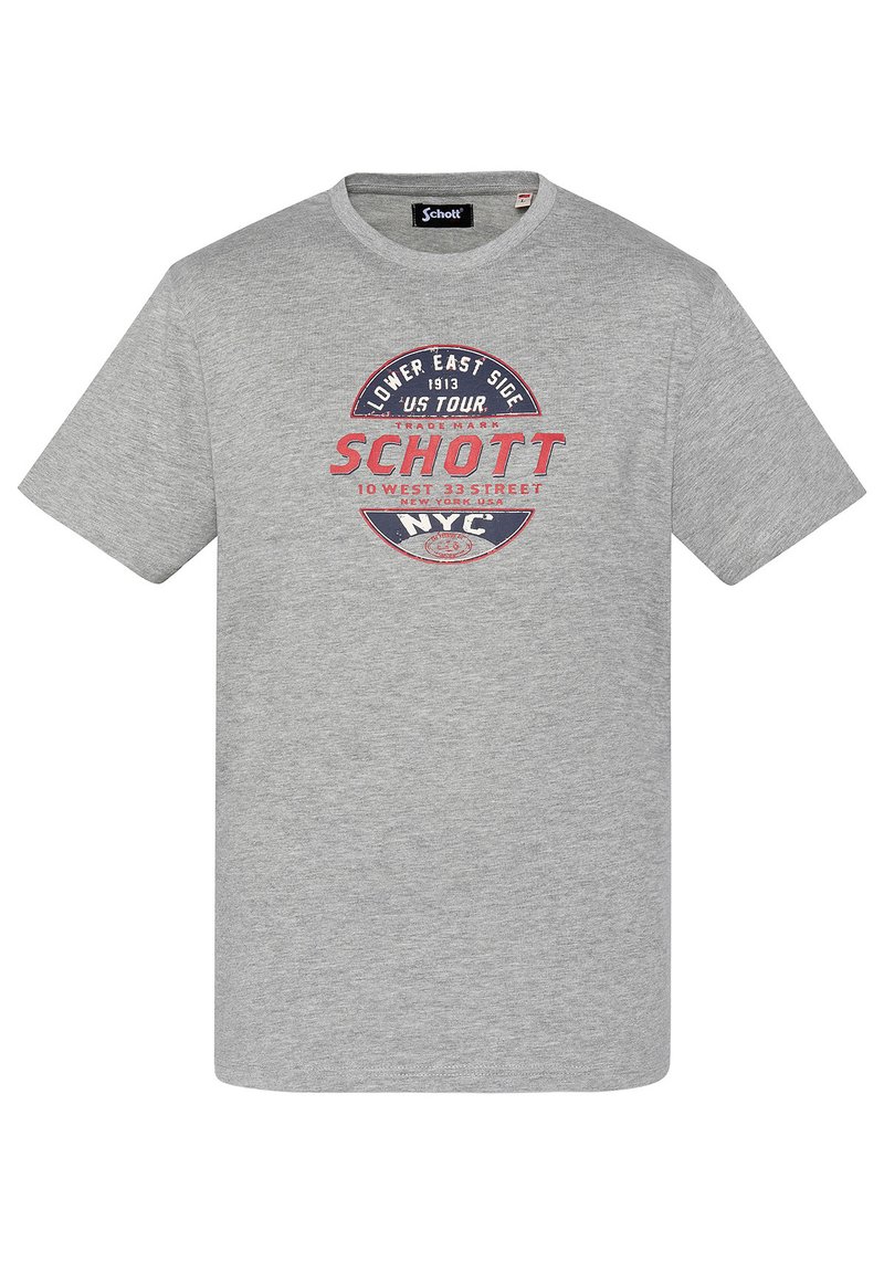 Camiseta de algodón gris de manga corta, que presenta un logotipo gráfico circular en rojo y azul en la parte frontal que incluye texto y el nombre de la marca.