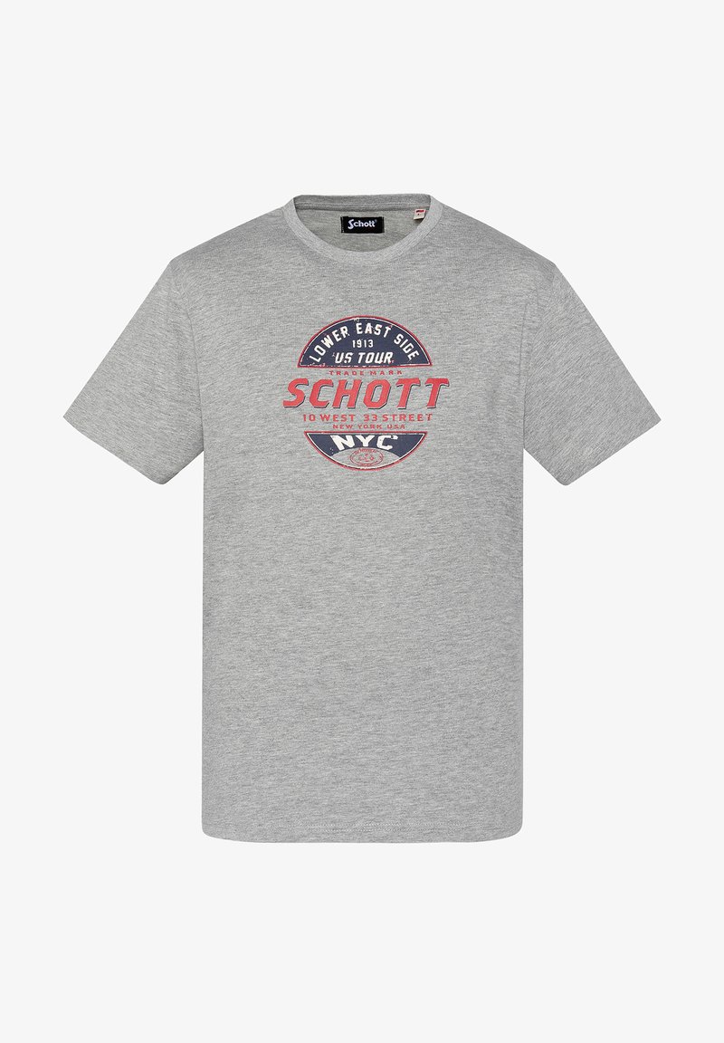 Camiseta de algodón gris de manga corta, que presenta un logotipo gráfico circular en rojo y azul en la parte frontal que incluye texto y el nombre de la marca.