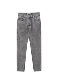 Jeans de mezclilla gris con cinco bolsillos, cremallera y un corte ajustado. Presenta un ligero efecto de desgaste y costuras en contraste a lo largo de las costuras.