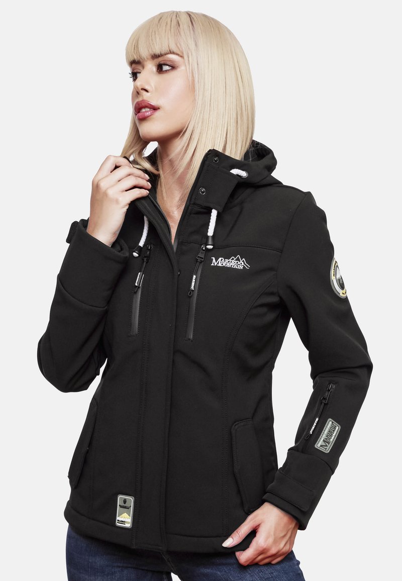Black softshell jacket with a zip closure, adjustable hood, front zip pockets, and logo patch on the sleeve. Smooth texture, fitted design.