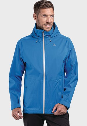 Blaue wasserdichte Jacke mit einem Frontreißverschluss, verstellbarem Kapuzen und elastischen Bündchen. Besitzt eine glatte Textur und ein minimalistisches Design.