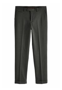 Pantalones gris ajustados con frente plano, bolsillos laterales y bajos enrollados. Fabricados con una tela ligera y texturizada.