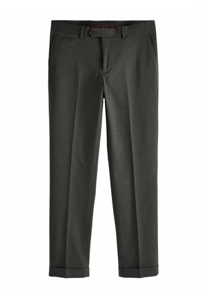 Gray tailored trousers with a flat front, side pockets, and rolled cuffs. Made from a lightweight, textured fabric.