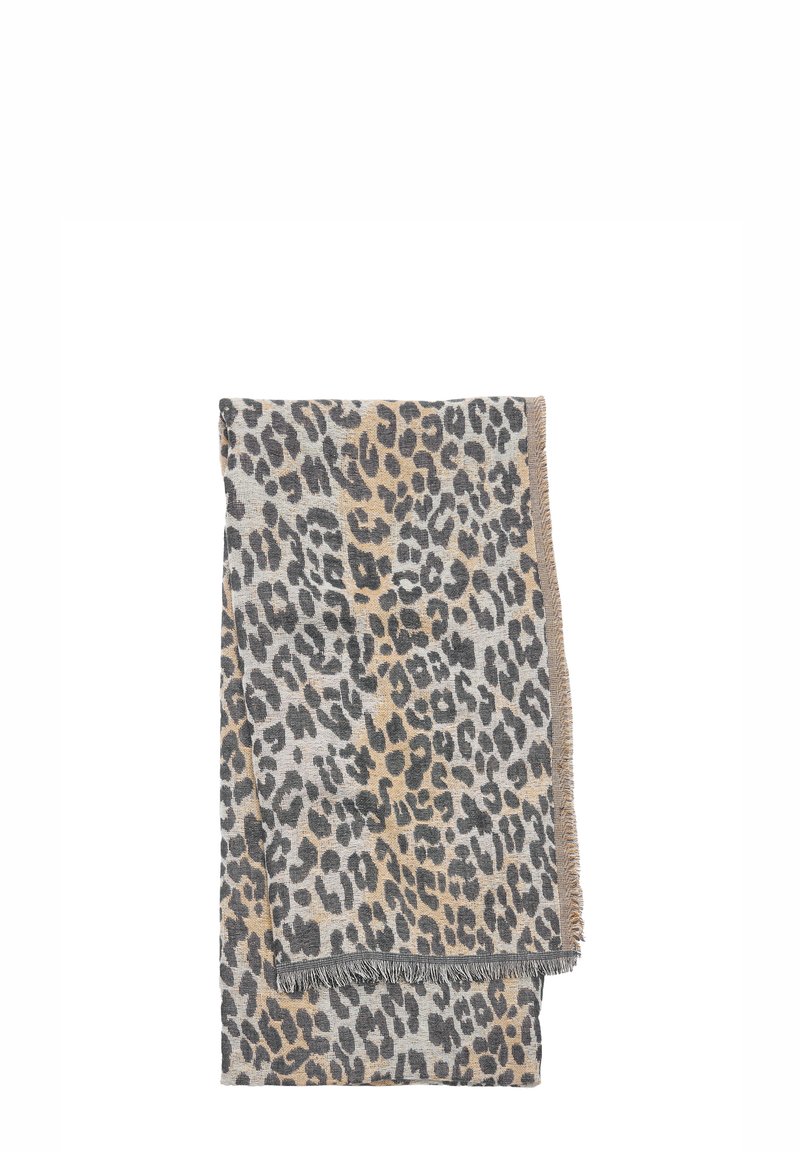 Szalik w panterkę z mieszanką beżowych, szarych i czarnych kolorów, wykończony frędzlami i miękką teksturą.