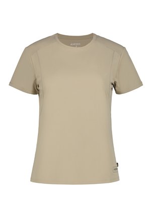 T-shirt de sport beige à manches courtes et col rond, avec coutures minimales et petite étiquette logo près de l’ourlet inférieur.