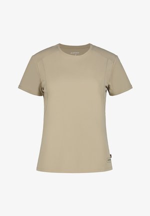 Beiges kurzärmeliges Sportshirt mit Rundhalsausschnitt, minimalen Nähten und kleinem Logoschild nahe dem unteren Saum.
