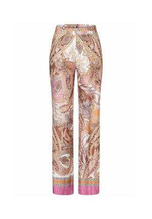 High-waisted trousers with wide legs featuring a pink, orange, and brown paisley floral pattern and pink trim at the hem.