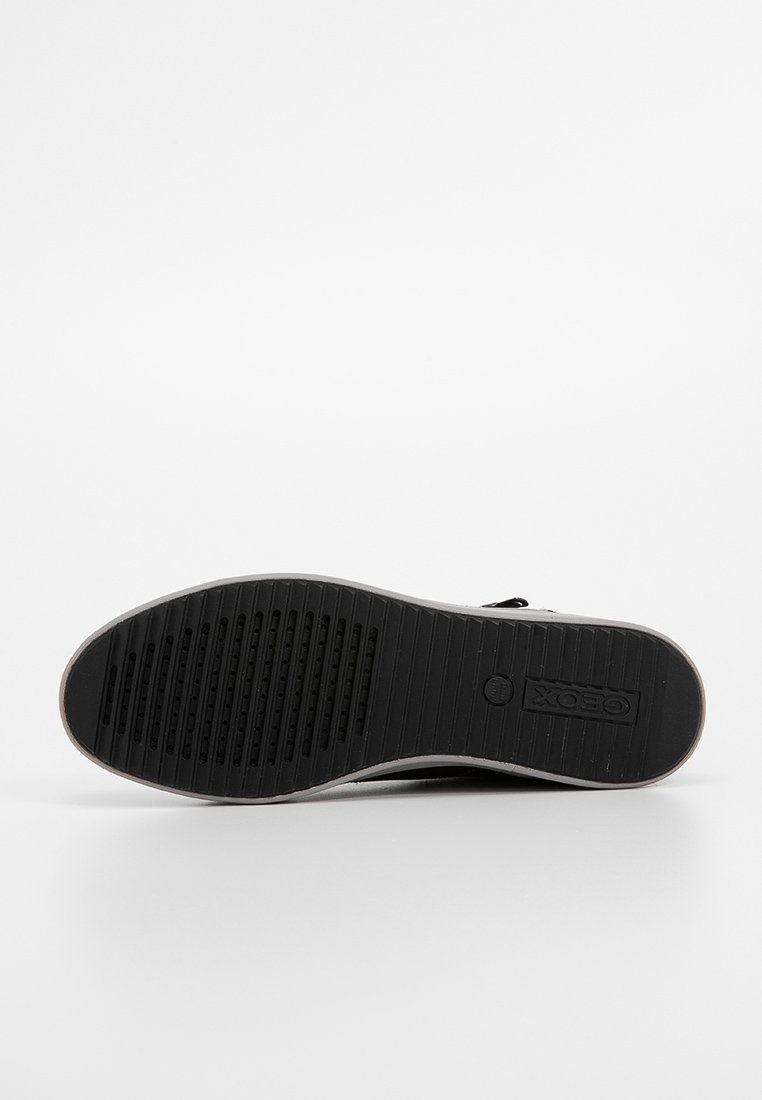 Semelle de chaussure en caoutchouc noir avec une surface texturée, dotée de rainures pour améliorer l'adhérence. La marque Geox est visible sur le côté de la semelle.
