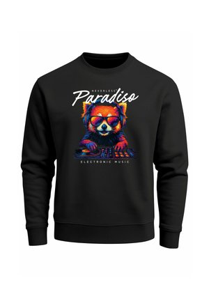 Schwarzer Hoodie mit einem bunten, illustrierten Design eines Bären mit Kopfhörern, der Sonnenbrillen trägt und an einem DJ-Setup steht. Der Text enthält "Neverless Paradiso."
