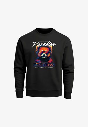 Black sweatshirt featuring a colorful, illustrated design of a bear with headphones, wearing sunglasses, and a DJ setup. Text includes "Neverless Paradiso."