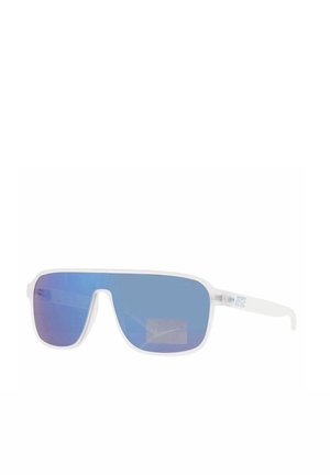 Occhiali da sole con montatura bianca, grandi lenti specchiate blu e un piccolo logo Nike visibile su una lente.