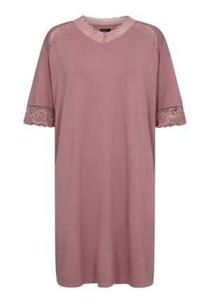 Short pink nightdress with lace accents on the sleeves and neckline. Made of soft material, featuring a relaxed fit and V-neck design.