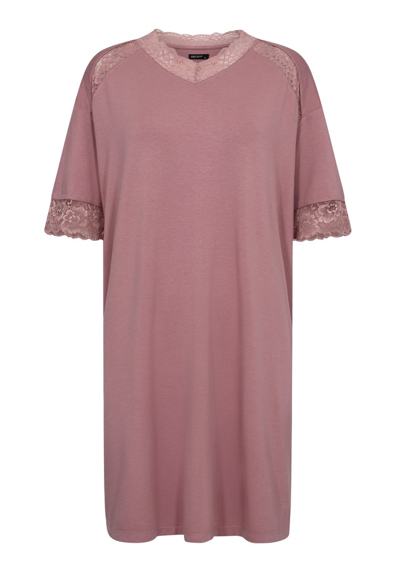 Kort pink natkjole med blonde detaljer ved ærmerne og kraven. Lavet af blødt materiale, med en afslappet pasform og V-hals design.