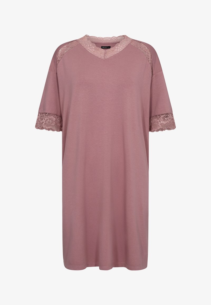 Kort pink natkjole med blonde detaljer ved ærmerne og kraven. Lavet af blødt materiale, med en afslappet pasform og V-hals design.