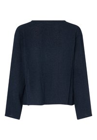 Marineblauer, locker sitzender Pullover mit weitem Ausschnitt, langen Ärmeln und einem strukturierten Strickmuster. Keine sichtbaren Beschläge oder Akzente.