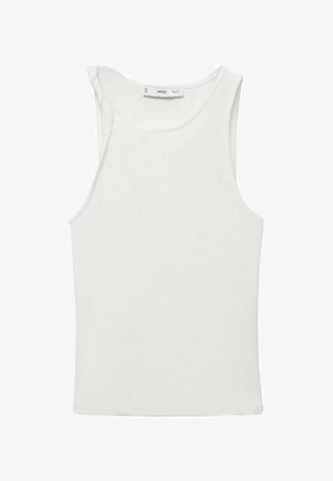 Hvid ribbet tanktop med en tætsiddende silhuet, brede ærmegaber og en rund halsudskæring. Har en subtil tekstur og ingen synlige udsmykninger.