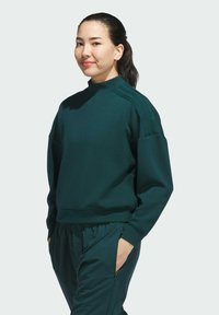 Felpa verde scuro con colletto alto, polsini a coste e strisce laterali. Abbinata a pantaloni coordinati con tasche con zip.