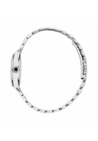 Silverfärgad metallklocka med ett runt, polerat fodral och ett flexibelt armband av rektangulära länkar. Har en svart krona.