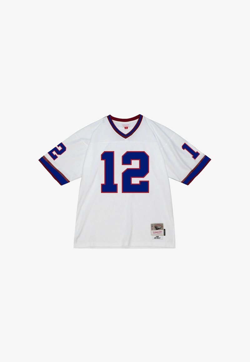 Maillot de football blanc avec des accents bleus et rouges, arborant le numéro 12 en évidence à l'avant et sur les manches, avec un col en V.