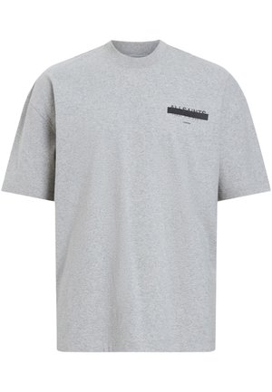 Light grey short-sleeve t-shirt with small black horizontal bar and "ALLSAINTS" text above Japanese characters on left chest.