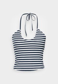Top halter riscado em azul marinho e branco, com decote em forma de cestinha e alças que se amarram. Feito de tecido canelado com um design ajustado.
