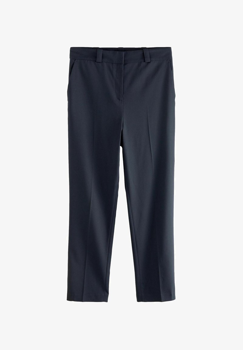 Navy trousers made from smooth fabric, featuring a flat front, belt loops, and side pockets, with a tailored straight-leg design.