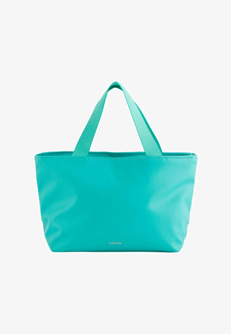 Turquoise tote bag with two short fabric handles, made of smooth material, featuring a simple, rectangular design and logo accent.