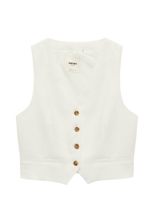 Hvid ærmeløs vest med V-hals, fire brune knapper ned foran og to vandrette slidser lommer nær kanten.