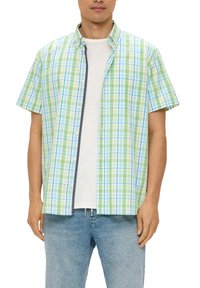 Camicia a maniche corte con bottoni in un motivo a quadri verde e blu, realizzata in tessuto leggero, con colletto a punta e leggero spessore.