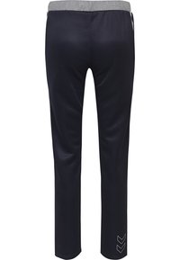 Navy-Sporthosen mit einem grauen elastischen Bund, schmal zulaufendem Bein und weißem Chevron-Logo-Detail auf der linken unteren Seite.