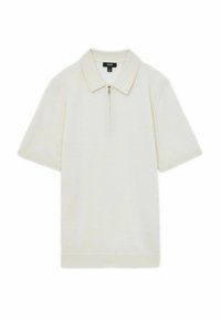 Polo cu guler înalt de culoare crem, fabricat dintr-un material moale, are un guler ascuțit, mâneci scurte și un cordon drept.