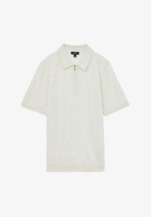 Krém színű, cipzáras galléros póló, puha anyagból készült, hegyes gallérral, rövid ujjakkal és egyenes szegéllyel.