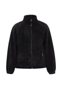 Fekete gyapjúdzseki cipzáros elülső résszel, magas gallérral, raglán ujjakkal és oldalzsebekkel. Puha textúra és kényelmes szabás. Látható mintázat nélkül.