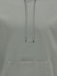 Gray hoodie fabric with matching drawstrings and a front kangaroo pocket, showing close-up details of texture and stitching.