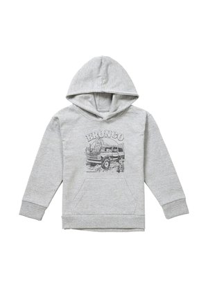 Light grey hoodie with front pocket, featuring a black line drawing of a Bronco vehicle and desert scenery with "BRONCO" text above.