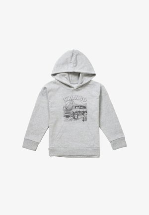 Hellgrauer Hoodie mit Fronttasche, versehen mit einer schwarzen Linienzeichnung eines Bronco-Fahrzeugs und einer Wüstenlandschaft mit dem Text "BRONCO" darüber.