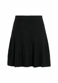 Jupe en tricot noir avec une taille côtelée, une silhouette évasée et une texture lisse avec un drapé subtil. Pas de motifs ni d'ornements.
