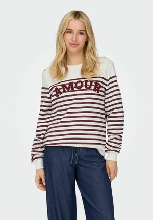 Felpa a maniche lunghe a righe in crema e bordeaux con "AMOUR" in paillettes sul petto; scollo rotondo e polsini a coste.