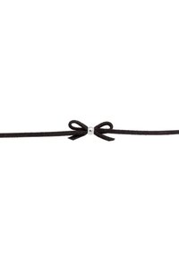Un ruban en daim noir avec un accent argenté, noué en une boucle au centre, présentant une texture lisse et plate et une largeur uniforme tout au long.