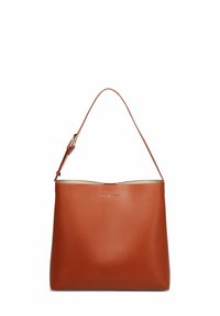 Hnědá kožená kabelka s hladkým povrchem, obdélníkový tvar, jeden ramenní popruh a minimalistický design s jemným logem.