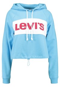 Felpa blu accorciata con pannello bianco che presenta il logo rosso "Levi's". Realizzata in materiale morbido, con cordini e polsini a coste.