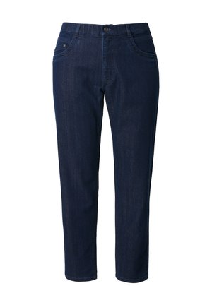 Jeans in denim blu scuro con una vestibilità regolare, dotati di chiusura con bottone, tasche frontali e una superficie liscia. L'orlo termina leggermente sopra la caviglia.