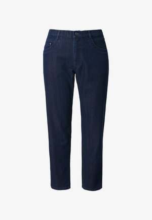 Pantalones vaqueros de mezclilla azul oscuro con un ajuste regular, que cuentan con un cierre de botón, bolsillos frontales y una textura suave. El dobladillo termina justo por encima del tobillo.