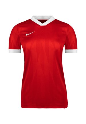 T-shirt de sport rouge à manches courtes avec col en V blanc et bordures de manches blanches, avec un petit logo blanc Nike swoosh sur la poitrine.