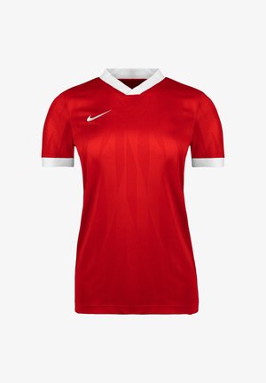Maglietta sportiva rossa a maniche corte con colletto a V bianco e polsini delle maniche bianchi, con piccolo logo Nike Swoosh bianco sul petto.