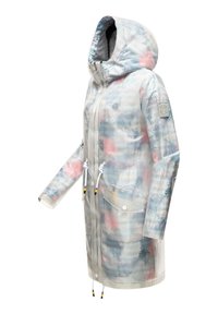 Transparent regnjacka med ett pastellfärgat palmbladsmönster, dragsko i midjan och två framfickor. Har dragkedjestängning och huva.