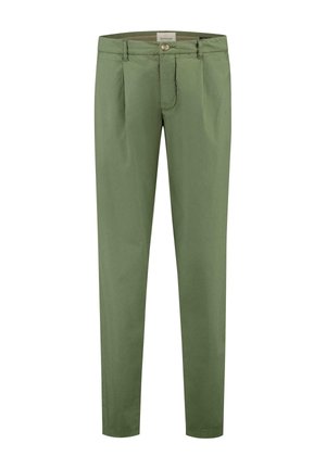 Zöld pamut nadrág, slim fit fazonnal, cipzáros fronttal, gombos zárással, két elülső zsebbel és sima textúrával.