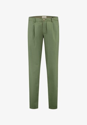 Zöld pamut nadrág, slim fit fazonnal, cipzáros fronttal, gombos zárással, két elülső zsebbel és sima textúrával.