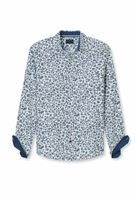 Langärmliges Hemd in Hellblau mit floralem Muster in Marineblau, Rot und Grün. Verfügt über einen Button-Down-Kragen und kontrastierende Manschettendetails.