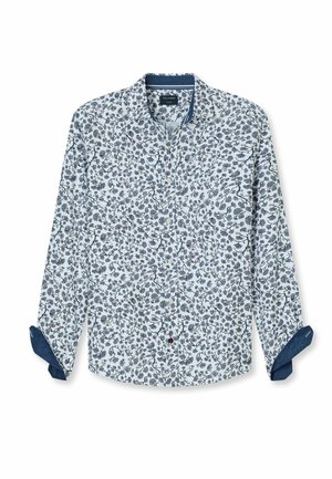 Lange mouwen overhemd in lichtblauw met een bloemmotief in marineblauw, rood en groen. Voorzien van een button-down kraag en contrasterende manchetten.